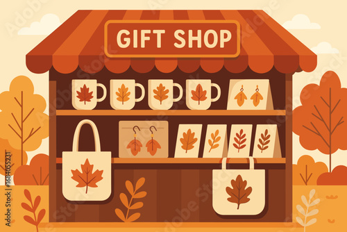 Fall Fairground Souvenirs. Vector art of fairground gift shop with fall souvenirs — mugs, tote bags, leaf earrings and handmade