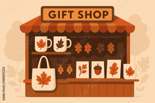 Fall Fairground Souvenirs. Vector art of fairground gift shop with fall souvenirs — mugs, tote bags, leaf earrings and handmade