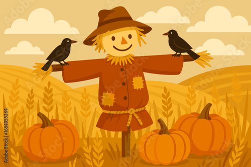 Scarecrow in Wheat Field. Charming vector composition of scarecrow in golden wheat field with birds perched, pumpkins nearby and