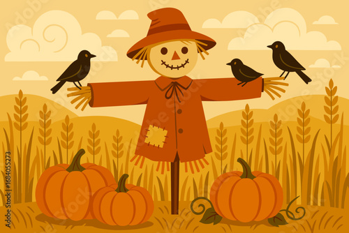 Scarecrow in Wheat Field. Charming vector composition of scarecrow in golden wheat field with birds perched, pumpkins nearby and