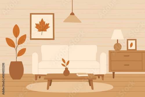 Minimalist Autumn Living Space. Vector layout of minimalist autumn living space with wooden textures, neutral palette, and orange