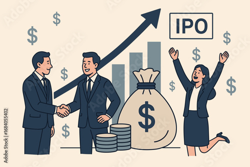 Successful Exit Strategy. Scene of successful VC exit strategy — acquisition, IPO or buyout visualized with financial uplift
