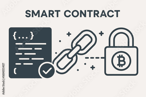 Smart Contract Visualization. Horizontal vector layout of smart contract visualization — lines of code, chain confirmation and