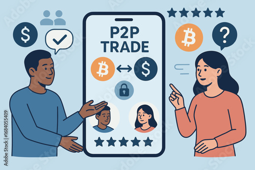 Crypto Trading Discussion. Vector scene of peer-to-peer crypto trading — users negotiating trade via app with escrow and review