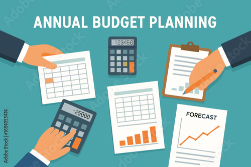 Annual Budget Planning. Flat design banner showing annual budget planning session with spreadsheets, calculators, and forecast