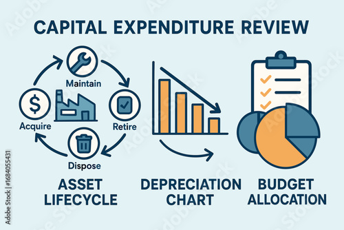 Capital Expenditure Analysis. Vector illustration of capital expenditure review — asset lifecycle, depreciation chart, and budget