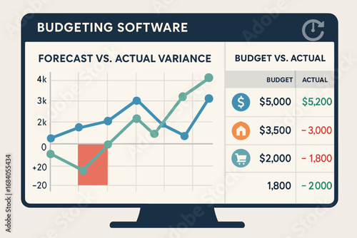 Budget Dashboard Insights. Vector art of budgeting software dashboard showing forecast vs actual variance and real-time data