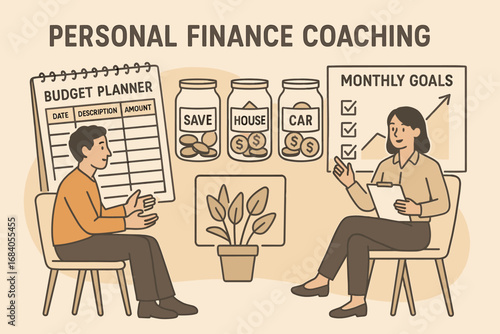 Personal Finance Coaching. Horizontal vector banner showing personal finance coaching session with budget planner, savings jars,