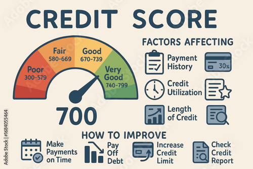 Credit Score Insights. Illustrated credit score dashboard — score range, factors affecting it, and improvement recommendations.