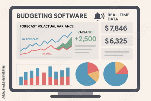 Budget Dashboard Insights. Vector art of budgeting software dashboard showing forecast vs actual variance and real-time data