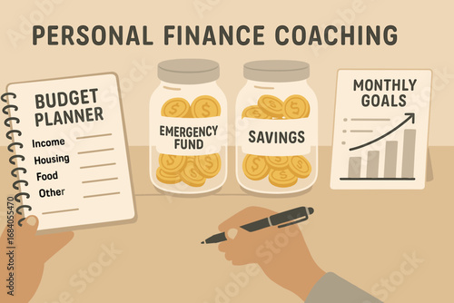 Personal Finance Coaching. Horizontal vector banner showing personal finance coaching session with budget planner, savings jars,