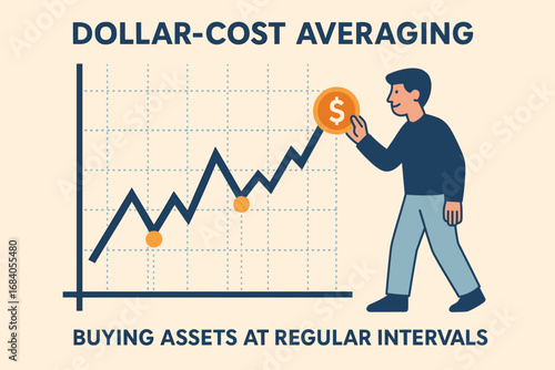 Dollar-Cost Averaging Graph. Vector art of dollar-cost averaging strategy — person buying assets at regular intervals shown on