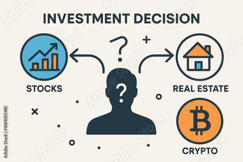 Investment Decision Visualization. Vector layout of stock vs real estate vs crypto investment decision making process visualized.