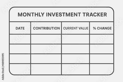 Monthly Investment Tracker. Vector layout of monthly investment tracker — contribution log, current value, percentage change.