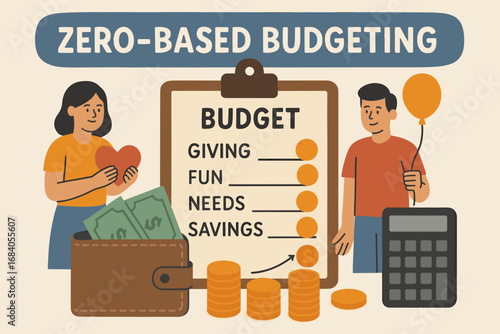Couple is shown on a budgeting sheet with a calculator and a wallet