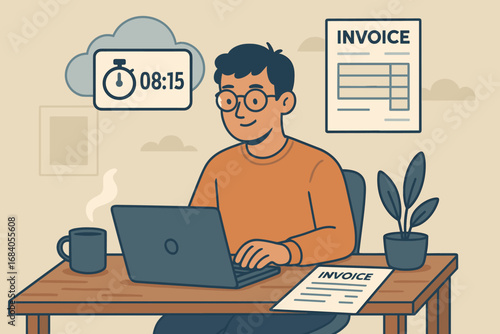 Freelancer's Time Tracking. Scene of freelancer tracking billable hours using cloud time tracker and generating client invoice.