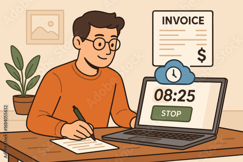 Freelancer's Time Tracking. Scene of freelancer tracking billable hours using cloud time tracker and generating client invoice.