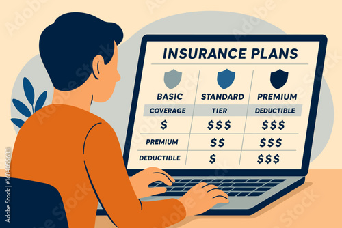 Comparing Insurance Plans. Flat design banner of person comparing insurance plans on laptop — coverage tiers, premiums, and