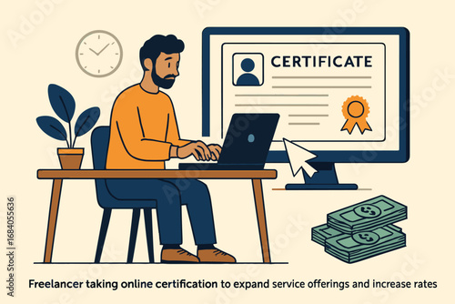 Freelancer Online Certification. Vector scene of freelancer taking online certification to expand service offerings and increase