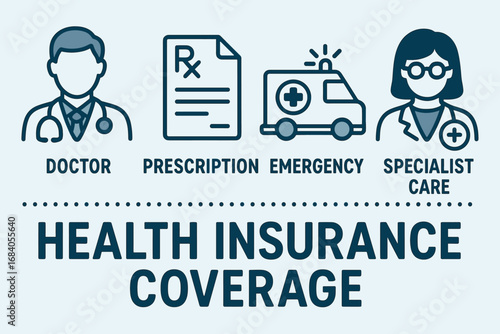 Health Insurance Elements. Horizontal vector layout of health insurance coverage — doctor icon, prescription, emergency, and