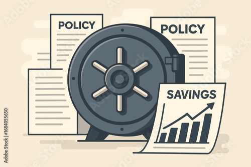 Secure Financial Vault. Vector art of secure vault symbolizing financial protection, layered with policy papers and savings graphs