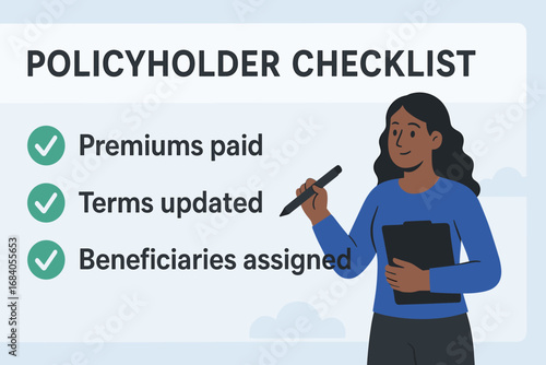 Policyholder Checklist Banner. Modern banner showing policyholder checklist — premiums paid, terms updated, beneficiaries assigned