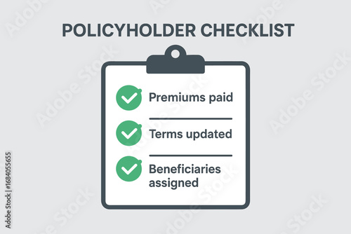 Policyholder Checklist Banner. Modern banner showing policyholder checklist — premiums paid, terms updated, beneficiaries assigned