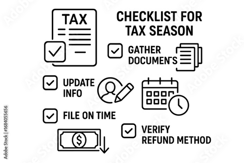 Tax Season Preparation. Vector composition of checklist for tax season — gather documents, update info, file on time, and verify