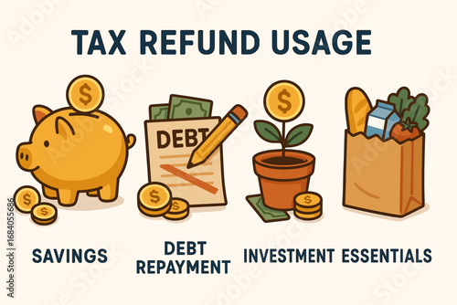 Tax Refund Allocation. Illustrated breakdown of tax refund usage — savings, debt repayment, investment, and essentials.