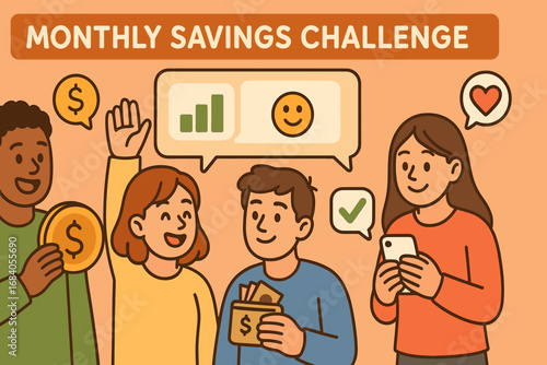 Savings Challenge Fun. Cartoon-style banner of friends participating in monthly savings challenge with group chat and emojis.