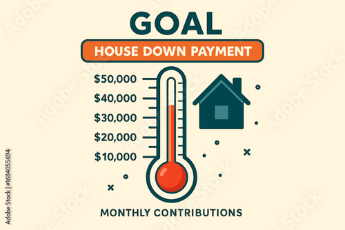 Savings Goal Thermometer. Vector art of visual goal thermometer tracking savings for house down payment with monthly contributions