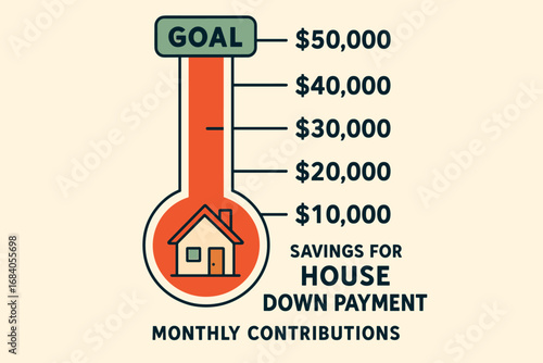 Savings Goal Thermometer. Vector art of visual goal thermometer tracking savings for house down payment with monthly contributions
