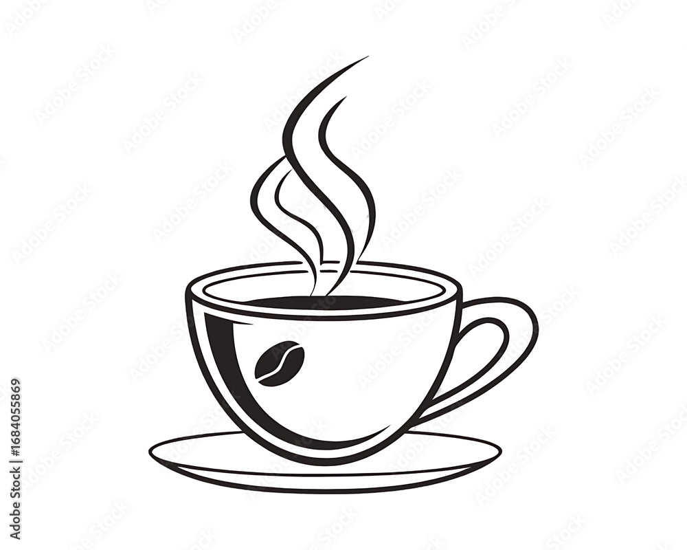 Obraz premium Black and white illustration of a coffee cup with steam isolated on transparent background, perfect for cafe menus and coffee shop branding