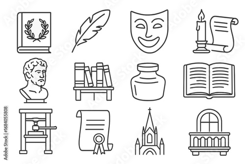 Classic Literature Icons. Line style icons of literary classics: laurel wreath on book, iconic feather quill, ancient theater mask