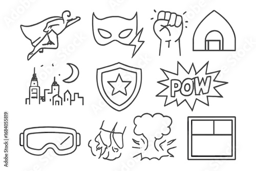Superhero Comics Icons. Line style icons of superhero comics: flying cape figure, mask and lightning, clenched fist with glow,