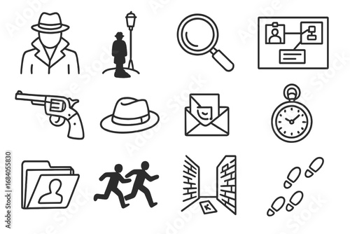 Detective Line Icons. Line style icons of detective comics: trenchcoat figure, shadow under streetlight, magnifying glass zoom,