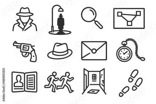 Detective Line Icons. Line style icons of detective comics: trenchcoat figure, shadow under streetlight, magnifying glass zoom,