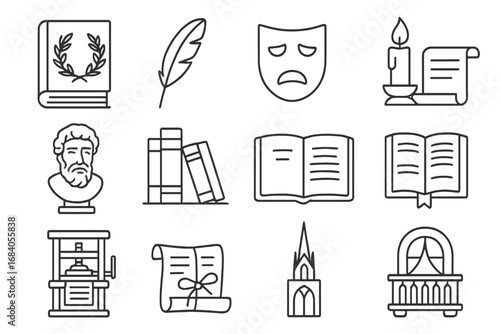 Classic Literature Icons. Line style icons of literary classics: laurel wreath on book, iconic feather quill, ancient theater mask