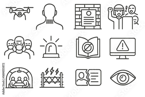 Dystopian Icons. Line style icons of dystopian comics: surveillance drone, barcode neck, wall with rules, riot panel; masked crowd