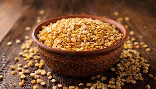 yellow chopped peas in clay cup on wooden table