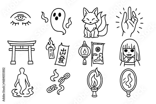 Supernatural Manga Icons. Line style icons of supernatural manga: third eye open, ghost aura, spirit fox, glowing hand; shrine