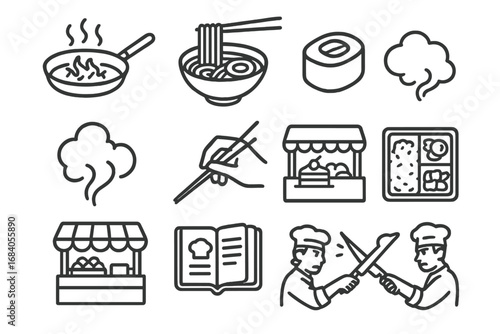 Line Art Food Icons. Line style icons of food manga: sizzling pan, ramen bowl, sushi roll, steam cloud; chopsticks pose, dessert