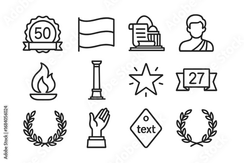 Commemorative Stamp Icons. Line style icons of commemorative stamps: golden anniversary badge, national flag, historic event icon,