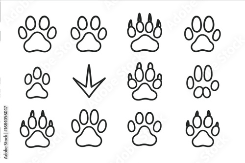 Animal Paw Iconography. Line style icons of animal paw stamps: dog paw, cat paw print, bear claw, raccoon trail; fox print, bird