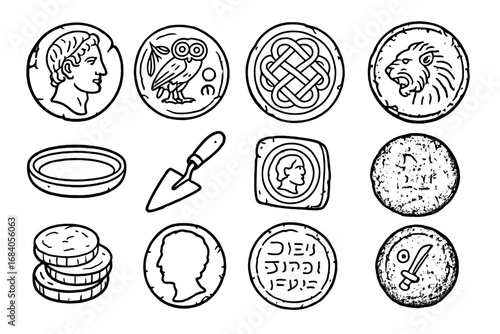 Ancient Coin Icons. Line style icons of ancient coins: Roman emperor profile, Greek owl coin, Celtic knot design, Persian lion
