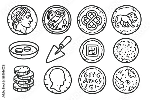 Ancient Coin Icons. Line style icons of ancient coins: Roman emperor profile, Greek owl coin, Celtic knot design, Persian lion