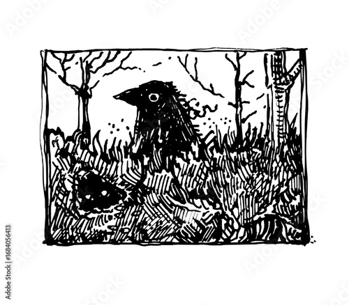 Black and white ink illustration of a crow standing in wild grass with bare trees in the background. Hand-drawn sketch with dark, moody forest atmosphere.