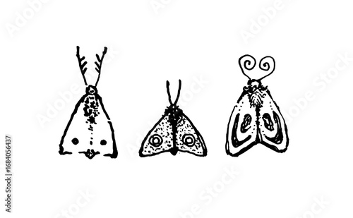 Black and white ink drawing of three stylized moths with unique patterns and shapes. Minimalist hand-drawn insect illustration for nature and vintage designs.