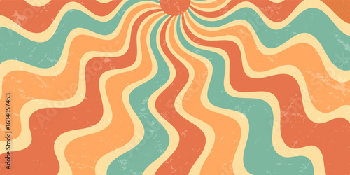 Retro groovy sun shines with bold orange and yellow burst in a wavy grungy style. This sunshine background has a strong y2k influence with unique horizontal grunge effect for modern creative uses.