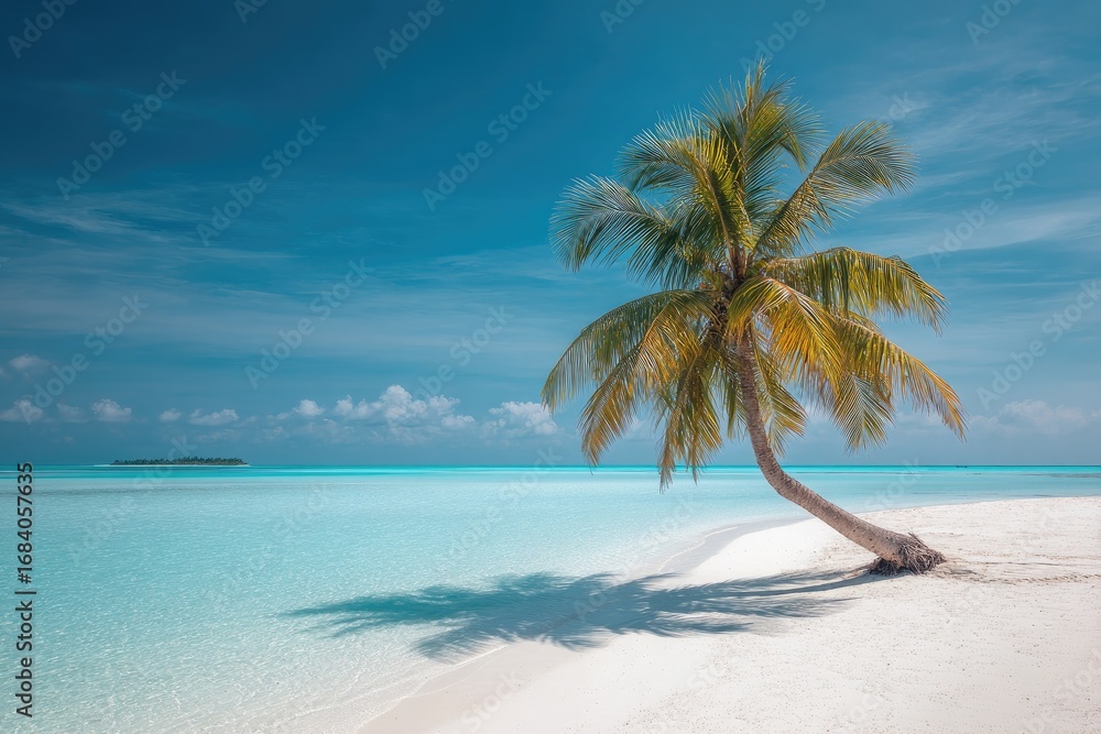 Fototapeta premium Pristine beach with lone palm tree under vibrant sky